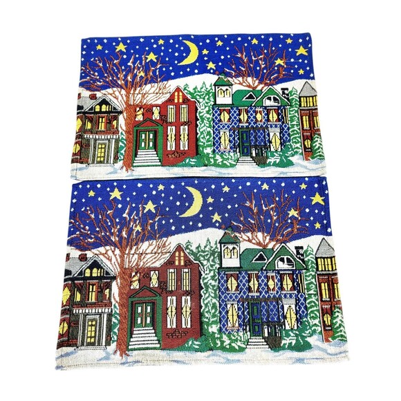 VTG Starry Snowy Night Winter Wonderland Set Of 2 Holiday Tapestry Placemats - Picture 2 of 8